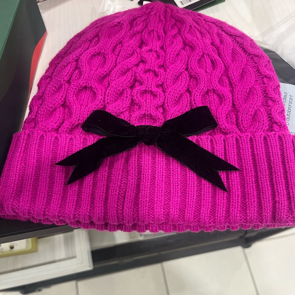 Kate Spade Fuchsia Cable Knit Beanie with Black Velvet Bow